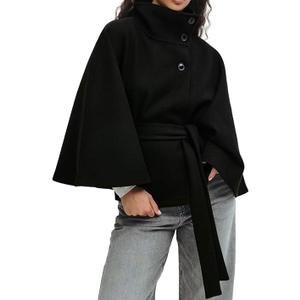 Women Batwing Sleeve Ponchos Pea Coat Wool Bland Stand Collar Jacket Winter Cropped Overcoat XL