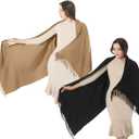 Womens Scarf Pashmina Shawls and Wraps for Evening Dress Wedding Bridesmaid Gift (79 x 28 inch Including Tassels, 2 Pack Black + Camel)
