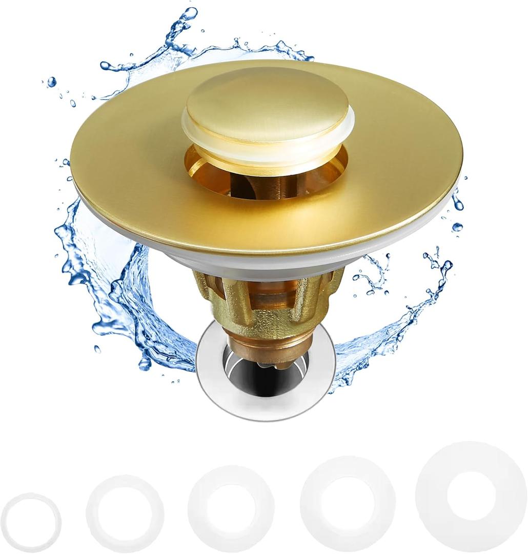Fransiton Bathroom Sink Stopper, 1.1-1.77 Inch Basin Pop Up Sink Drain Stopper, Anti Clogging Drain Plug with Detachable Hair Catcher,Brushed Golden