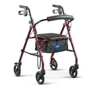 Medline Steel Rollator Walker with Seat, Burgundy, 350 lb. Weight Capacity, 6 Wheels, Foldable, Adjustable Handles, Rolling Walker for Seniors, Walker for Mobility Impaired