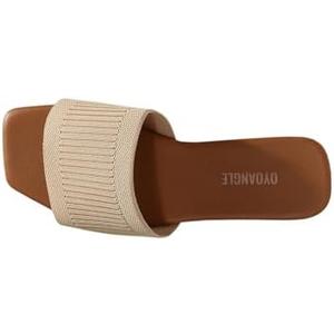 OYOANGLE Women's Single Band Square Open Toe Slide Sandals Summer Slip on Flat Sandals, Beige, 39