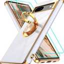 Gritup for Google Pixel 7A Case | 2Pcs Screen Protector | 360 Rotation Ring Holder Magnetic Kickstand | Plating Gold Edge Soft TPU Protective Basic Funda para Cover for Pixel 7A Phone White