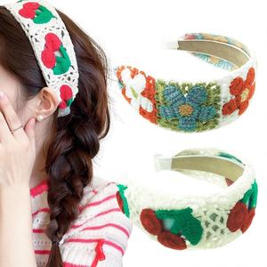 2PCS Crochet Headband for Women,Floral and Cherry Pattern,Knitted Hippie Head Bands Scarf for Women 70s Hair Accessories