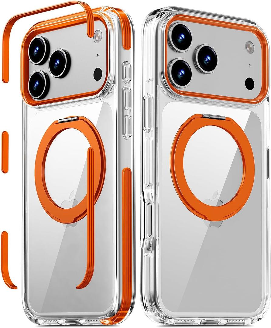 Magnetic for iPhone 17 Pro Max Case with 360° Spin Stand, Compatible with MagSafe, Military-Grade Protection, Detachable Strip, Anti-Yellowing Clear Phone Case for iPhone 17 Pro Max 6.9" Orange