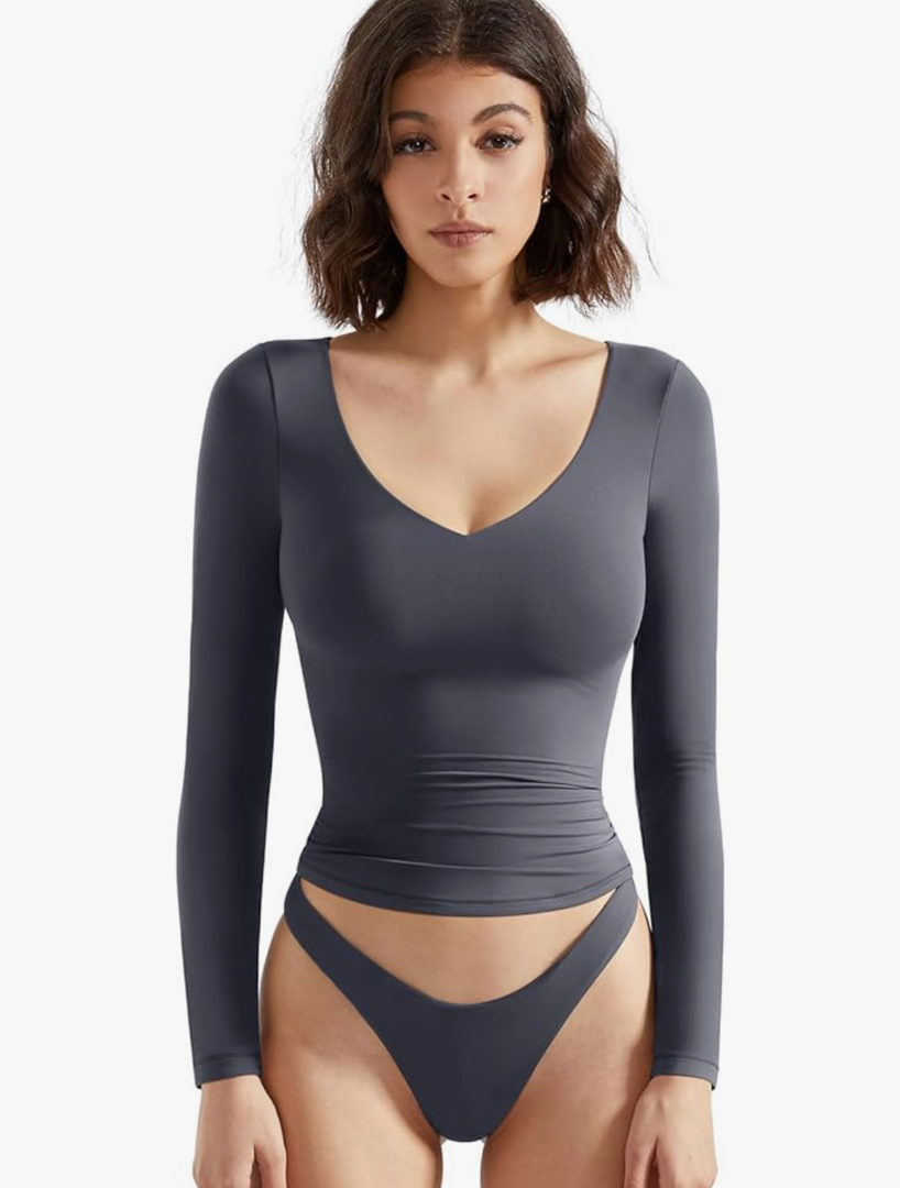 SUUKSESS Women Double Lined Casual V Neck Crop Tank Tops Basic Long Sleeve Shirts L