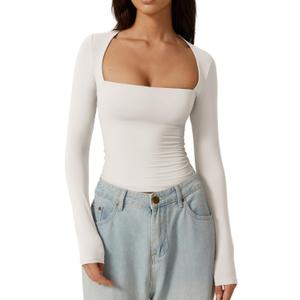 QINSEN Women's Sexy Square Neck Shirt Long Sleeve Double Lined Tees Fitted Going Out Tops (Medium)
