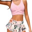 Girls Swimsuits Size 14-16 Bathing Suits for Teens Girls Tankini Criss Cross Tropical Print Ruffle Bottom Swimsuits for Teens Two Piece Swimwear Pink