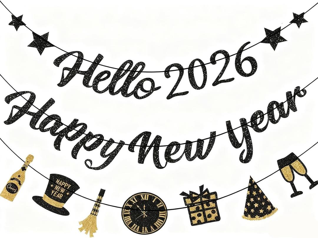 IMISHM Glitter Black New Years Decorations New Years Party Decorations 2026 Pre Strung New Year
