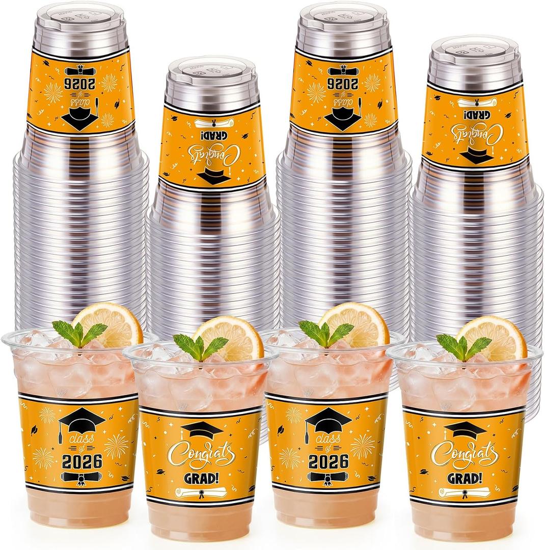 Honeydak 50 Pcs Graduation Cups 12 oz Class of 2026 Plastic Cups Gold and Black Graduation Party Disposable Drinking Glasses for Congrats Grad School Classroom Party Favors Supplies Decoration