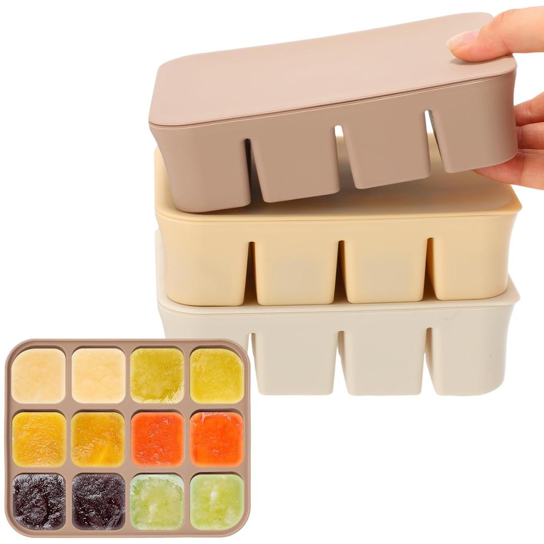 Mimorou 3 Pack Baby Food Freezer Tray with Lids 2.8 oz x 12 Cups Silicone Baby Food Storage Container Ice Cube Freezer Molds for Homemade Vegetable Fruit Purees Snack(12 Cups,White, Yellow, Brown)
