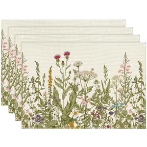 Placemats Set of 4 Linen/Vinyl Woven Place Mats for Kitchen Table Indoor/Outdoor Washable Placemat Wipeable Dining Table Mats(Beige) (Grass Flower)