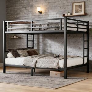 Bellemave Queen Over Queen Bunk Bed with Ladders, Metal Bunk Beds Frame with Full-Length Guardrails, Heavy-Duty Bunkbed for Bedroom, Guest Room, Dorms, Noise-Reduce and No Spring Box Needed, Black