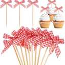 M METERXITY 60-Pack Bow Cupcake Toppers, Ribbon Bow Cake Toppers Plaid Bowknot Cupcake Picks Birthday Cake Decor for Bridal Shower/Wedding/Bachelorette Party/Birthday Decor [Red]