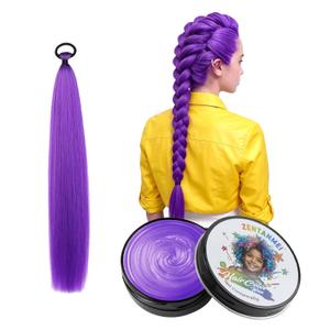 Purple Braiding Hair Pre Stretched 26 Inch and Washable Purple Hair Wax 2.12 0z, Synthetic Hair Extensions for Braids, DIY styling Kit for Party, Cosplay, Halloween, Christmas