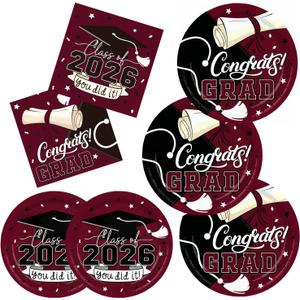 Gatherfun Graduation decorations 2026 Maroon Graduation Party Plates and Napkins Disposable Paper Plates Luncheon Napkins for Congrats Grad Party Decorations, Serve 50