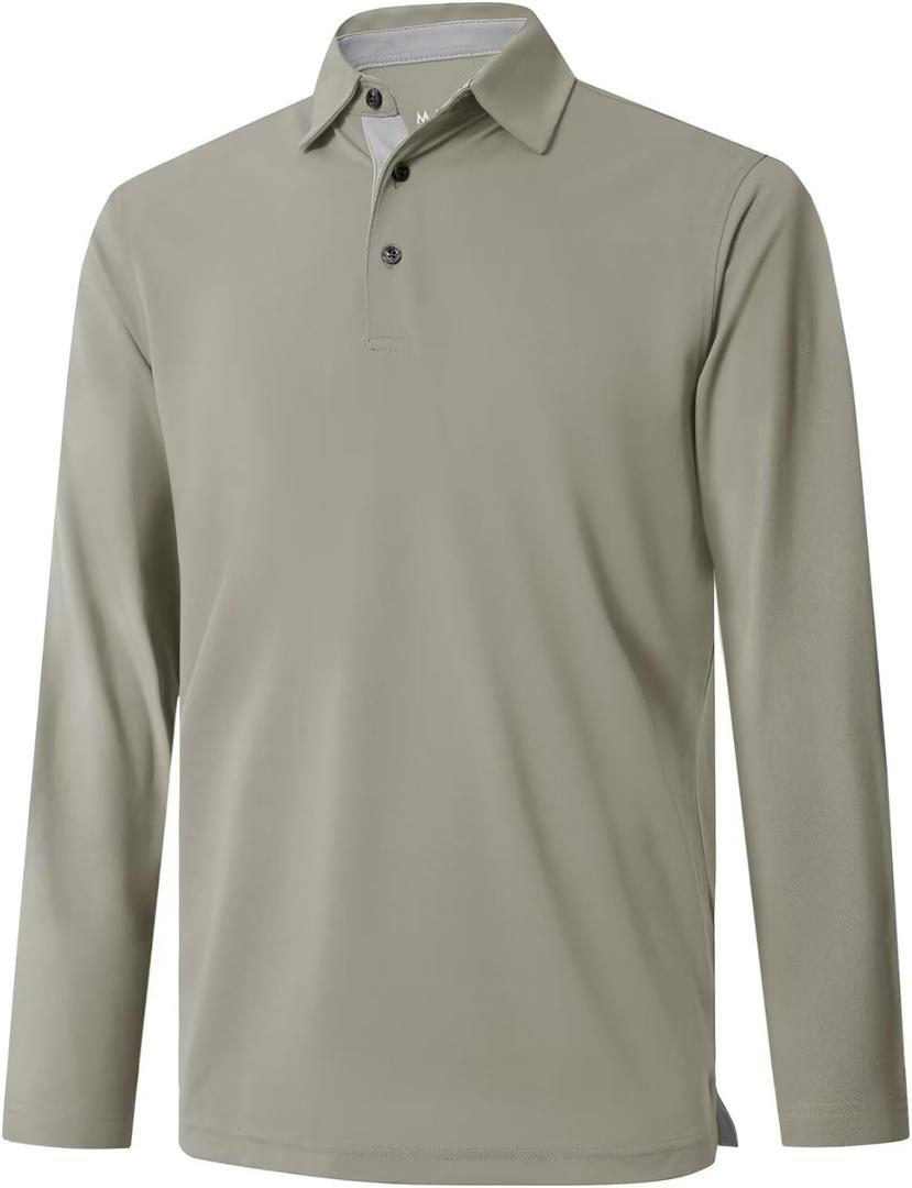 Mens Golf Shirt Short and Long Sleeve Moisture Wicking Dry Fit Performance Solid Casual Pique Golf Polo Shirts for Men (Medium, Dark Khaki-long)