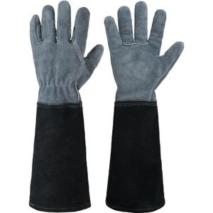 HANDLANDY Long Gardening Gloves for Men & Women, Cowhide Leather Rose Pruning Gloves, Breathable Thorn Proof Gauntlet Glove (Dark Grey-Black, M) (Medium (Pack of 1))
