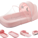Todldler Baby Travel Bassinet Bed & Chair, Fold Out Sofa Couch Lounger with 2-1 Mosquito & Canopy, Foldable Portable Travel Cot with Foam Raised Safety Bumpers for Infant Toddlers 0-36 Months (Pink)