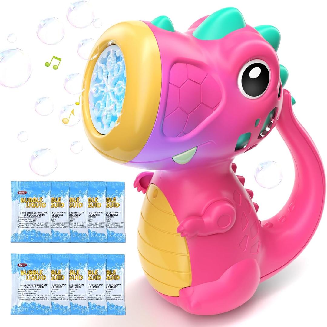 Bubble Machine Wand for Girls Boys Toy, Dinosaur Bubble Machine Maker Blower Toys with Light & Music, Toddler Outdoor Toys for 3 4 5 Year Old Boy Girl Toddler Birthday Gifts Bubble Solution - Red