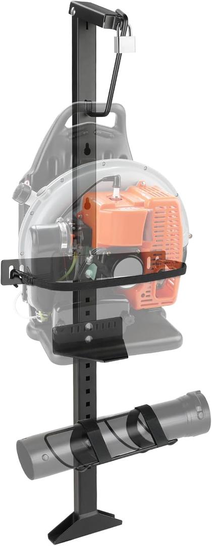 Backpack Blower Rack for Trailer, 2mm Thick Steel Storage Bracket with Adjustable Base for 16"-25" Blowers, Universal Fit, Lockable, with Tube Holder & Straps for Open/Enclosed Trailers