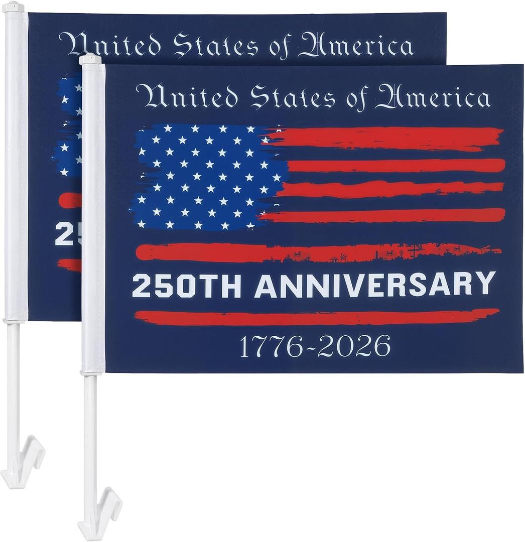 Remagr 2 Pack 250th Anniversary Car Flag 11 x 17 Inch USA Sports Car Window Flag with Flagpole Double Sided Printed Festival Parade Decoration for Parades Driving at a Constant Speed of 10-30 Mph
