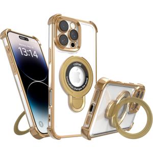 Magnetic case for iPhone 16 with Full Camera Lens Protection(Compatible with MagSafe),Military Shockproof Slim Electroplate Bumper Clear Cover Built-in Invisible Ring Stand,Gold