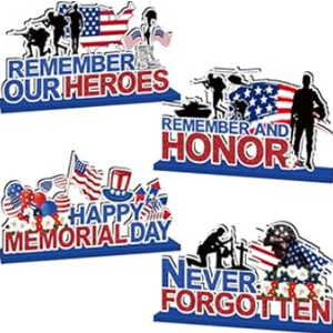 4pcs Memorial Day Decorations Table Wooden Sign Patriotic Themed Tiered Tray Decor Remember and Honor Happy Memorial Day Table Decor Supplies