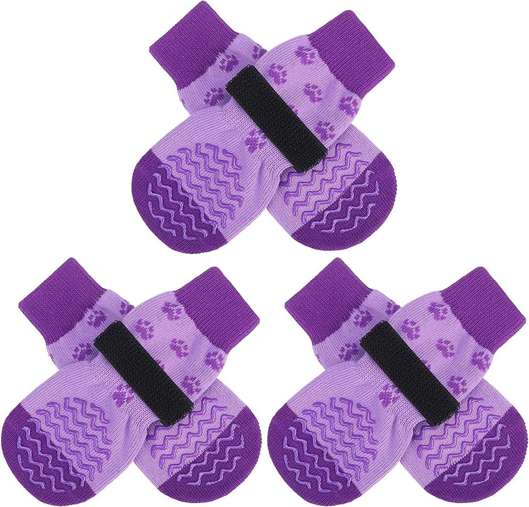 EXPAWLORER 6Pcs Anti Slip Dog Socks to Prevent Licking Paws, Dog Shoes for Hot Pavement, Double Sides Dog Boots & Paw Protectors Booties for Hardwood Floors with Grippers Small Medium Large Senior Dog (X-Small, Purple)