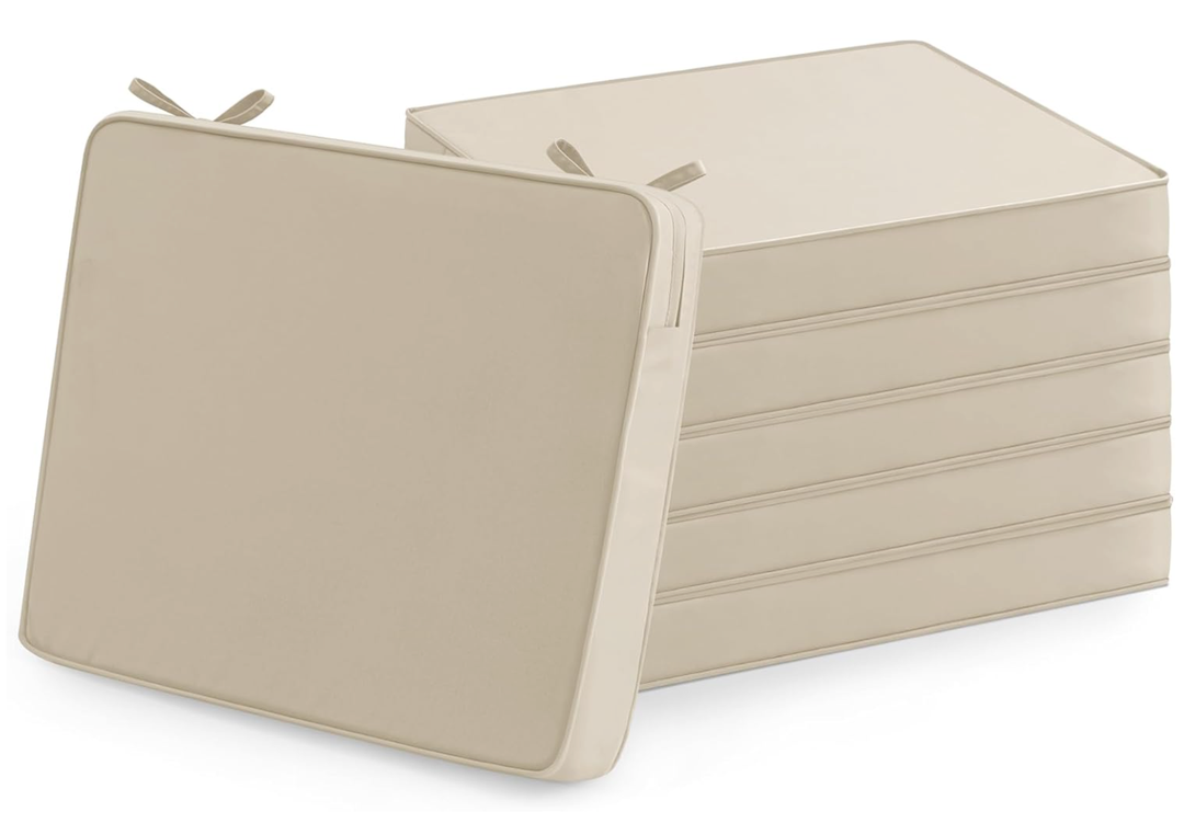 Outdoor Chair Cushions Set of 6: Waterproof & Fade Resistant Seat Cushion for Patio Furniture - 18.5 x 16 x 2 Inch Chair Pads with Ties and Hidden Zipper - Patio Chair Cushion Replacement, Beige