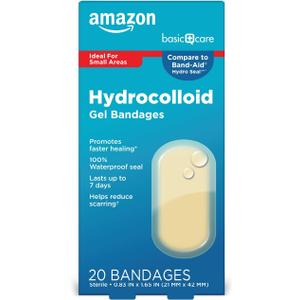 Amazon Basic Care Advanced Fast Healing Hydrocolloid Gel Bandages, Adhesive Wound Care Pads, 0.83 x 1.65 in, 20 Count Pack