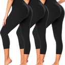 FULLSOFT 3 Pack Capri Leggings for Women - High Waisted Tummy Control Black Workout Yoga Pants (Small-Medium, Black)