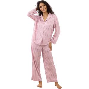 Womens Silk Satin Pajamas Set Button Down 2 Piece Pjs Long Sleeve Oversized Sleepwear with Pockets (Medium, Pink Stripe)