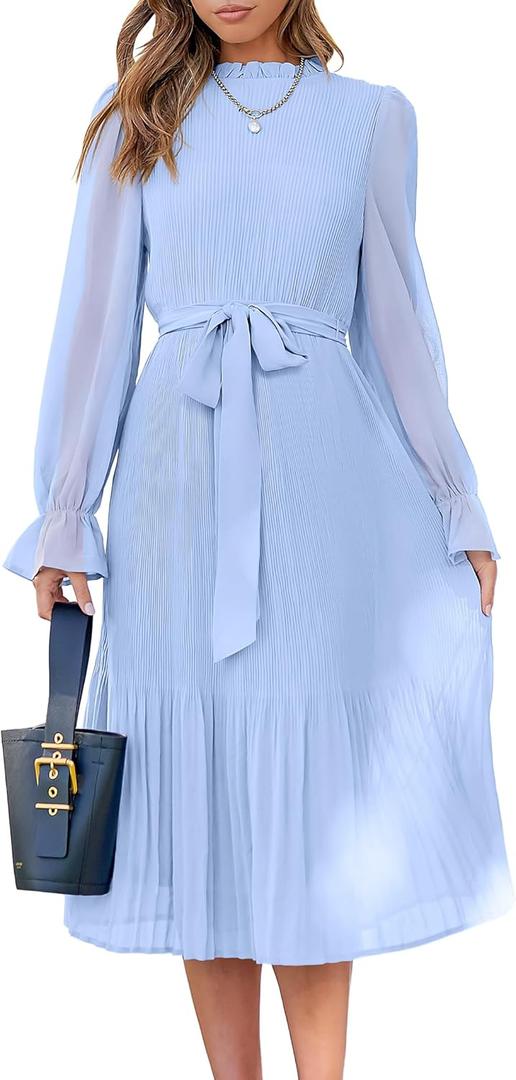 ANRABESS Women's Floral Chiffon Midi Dress Puff Long Sleeve Mock Neck Summer Wedding Guest Party Dresses Fall 2025 Outfits, Large
