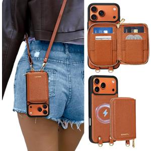 ORNARTO Magnetic Detachable Wallet Case for iPhone 17 Pro, [Compatible with MagSafe], Crossbody Wallet Case with Card Holder Wrist Strap, RFID Blocking PU Leather Wallet Phone Cover 6.3", Brown