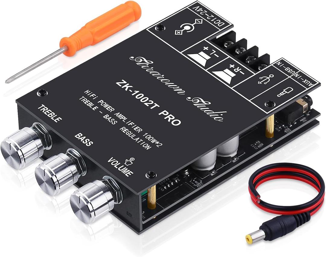 ZK-1002T PRO 2.0 Channel Bluetooth 5.0 Amplifier Board 200W HiFi Subwoofer Audio AMP with Treble and Bass, BT USB and AUX Inputs, DC 12-24V 2.0 Channel Stereo AMP Module for DIY Speakers