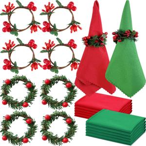 16 Pcs Christmas Napkin Rings Set, Includes 8 Pcs Artificial Red Berries Napkin Holders and 8 Pcs Cloth Napkins for Xmax Holiday Dinner Party Table Decor