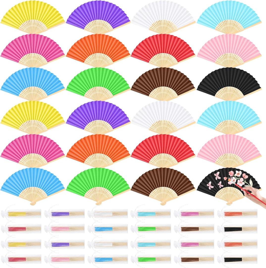 CHRORINE 24 Pack Multicolor Bamboo Folding Fans Handheld Paper Hand Fans for Women Foldable Girls Wedding DIY Decoration Party Favors