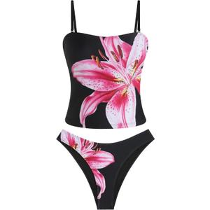 ZAFUL Women's Floral Tankini Swimsuits Bandeau Tummy Control High Cut Tankini Set Two Piece Bathing Suit (Large, 1-black Flower)