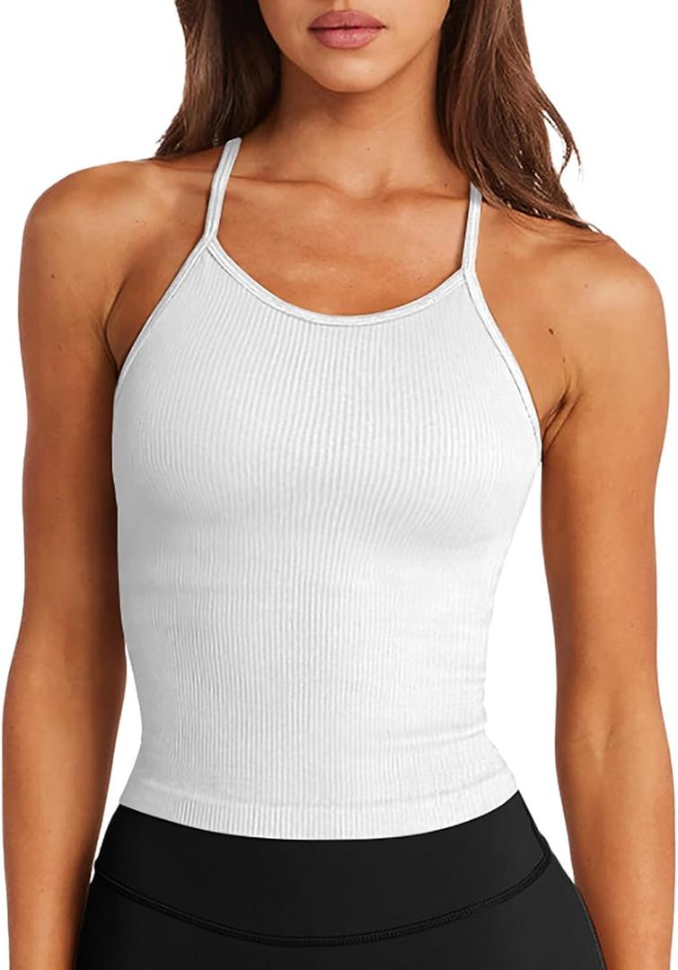 LASLULU Womens Sports Bra Seamless Long Crop Tank Racer Back Spaghetti Strap Workout Yoga Bra Padded Halter Neck Casual Tops (White, M)