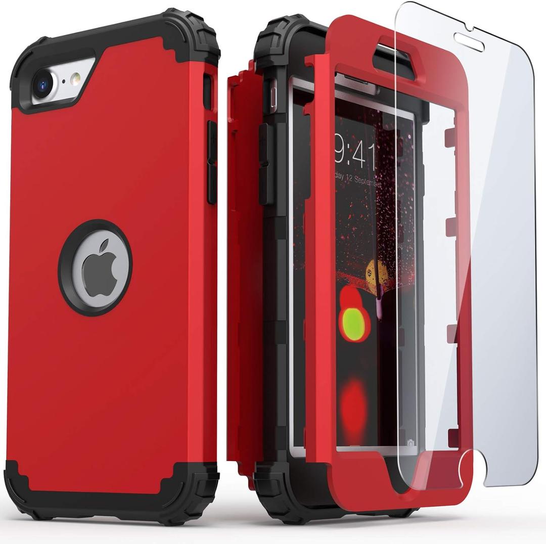 IDweel for iPhone SE 2020 Case with Screen Protector,Case for iPhone SE 2022, Sturdy 3 in 1 Shock Absorption Slim Fit Heavy Duty Hard PC Cover Soft Silicone Bumper Full Body Cover,Red