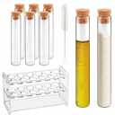 6pcs 30ml Glass Test Tube with Cork Stopper, 20x150mm Flat Bottom Storage Tube with Cap, 6 Holes Acrylic Rack, Plant Propagation Vase Set for Scientific Experiments Lab Candy Liquid Party Decor