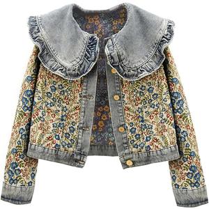 Womens Sweet Peter Pan Collar Long Sleeve Jacquard Denim Jacket (Medium, Blue)
