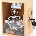 Clear Piggy Bank with Lock, Large Money Saving Jar Money Bank Box Container for Cash Saving, Openable Clear Money Coin Change Bank Jar Container Penny Piggy Jar Bank for Adults Kids, Bamboo