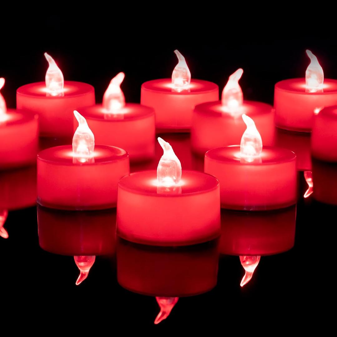 LANKER Flameless Candles with 6H Timer, Flickering Red LED Tea Lights, Romantic Long Lasting Battery Operated Fake Candles for Party, Halloween and Christmas, Set of 24 (Red)