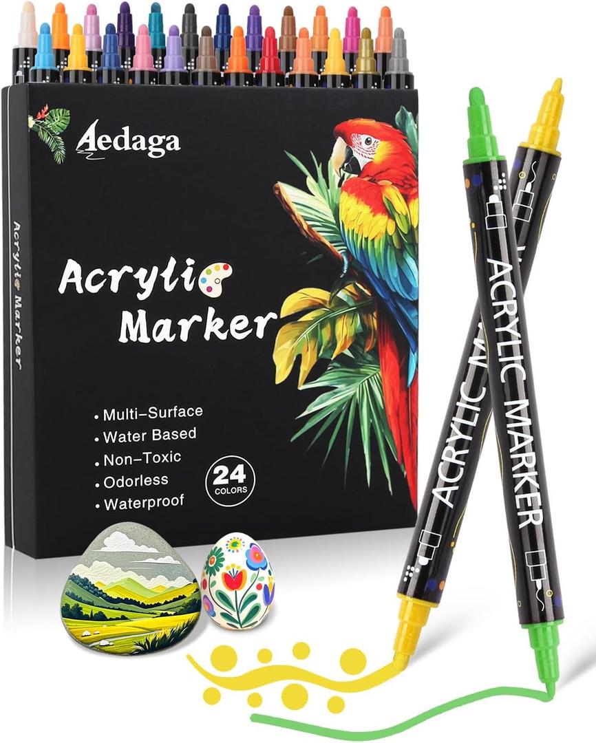 24 Colors Acrylic Paint Markers for Rock, Fabric, Wood, Glass, Eggs, Scrapbook - Easter Basket Stuffers, Dual Tip Acrylic Paint Pens for Coloring Books for Adults, Teens