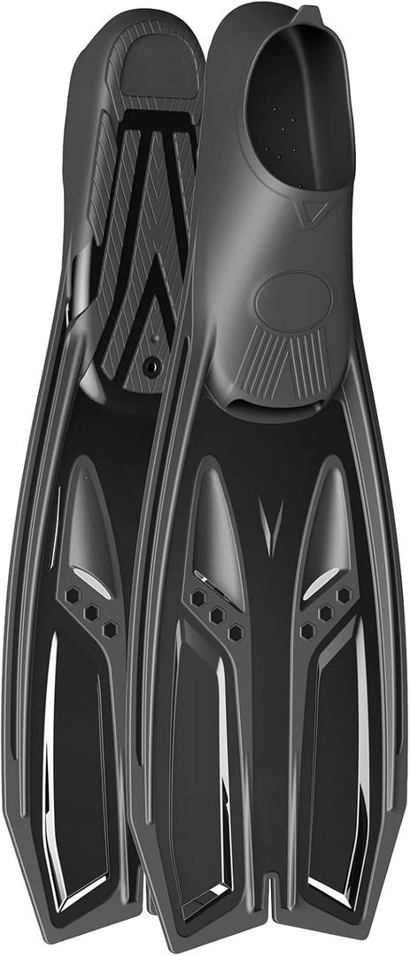 Greatever Snorkel Fins with Full Foot Pocket Durable Long Diving Fins Professional Snorkel Gear for Snorkeling Diving Freediving Adults Men Women (L/ US Man 10-11 Lady 12-13/ EU 44-45, Black)