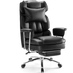 Sweetcrispy Executive Home Office Desk Chair - Ergonomic Big Tall High Back with Footrest & Lumbar Support, Reclining Height Adjustable, Comfy PU Leather Computer Gaming with Swivel Wheels, Black