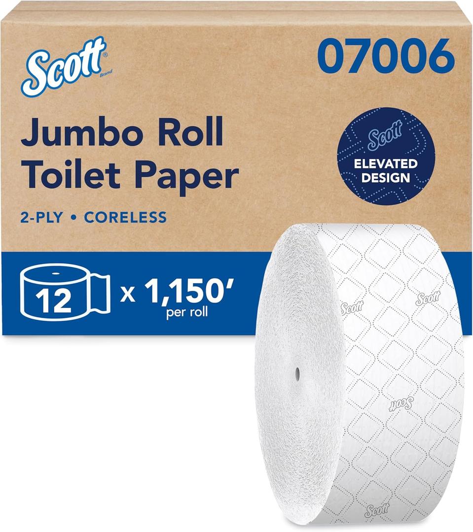 Scott Professional Coreless High-Capacity Jumbo Roll Bulk Toilet Paper (07006), 2-Ply, Elevated Design, White (12 Rolls at 1,150' Each, 13,800'/Case)