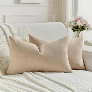 FUTEI Pack of 2 Chenille Decorative Throw Pillow Covers 12x20 Inch,Soft Cozy Faux Linen Textured Lumbar Pillow Cases,Farmhouse Home Decor for Couch Living Room, Dusky Pink