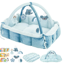 5-in-1 Baby Play Gym and Tummy Time Mat, 12 Learning Cards, Plush Activity Mat with 6 Toys, Baby Gym, Convertible to Ball Pit, Baby Gift, Blue